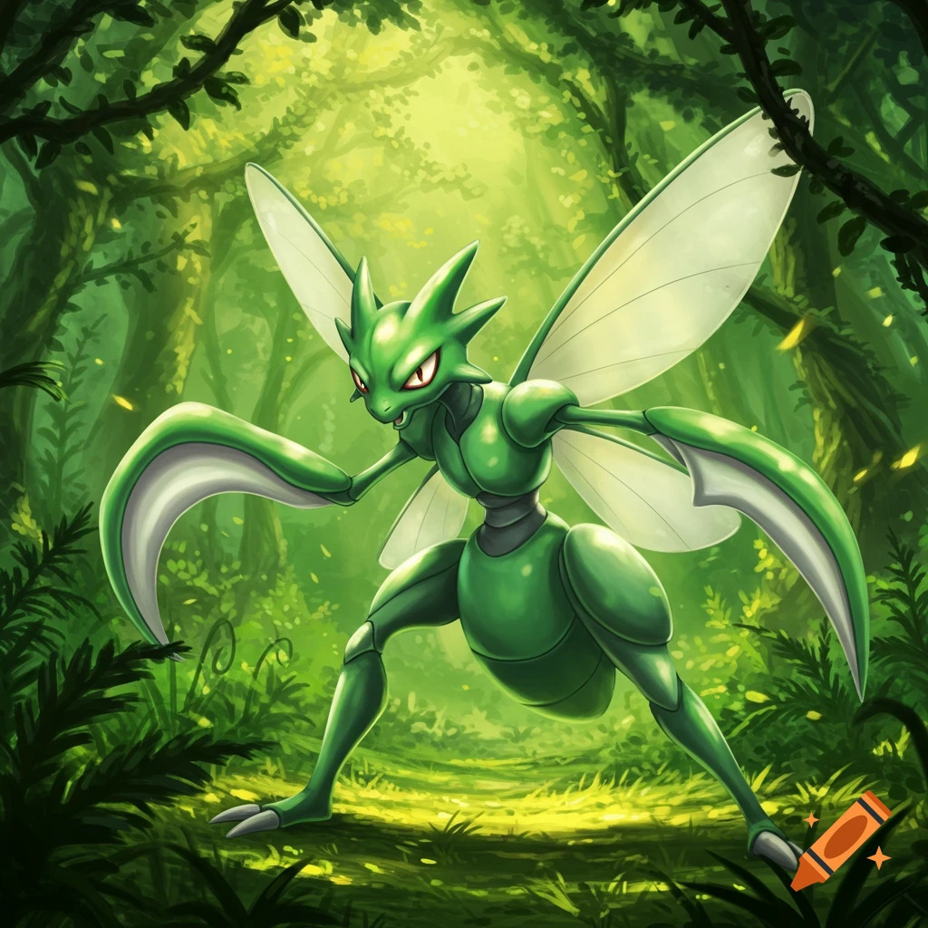 A green mantis-like creature, Scyther, with scythe arms and wings, stands in a lush, sunlit forest.