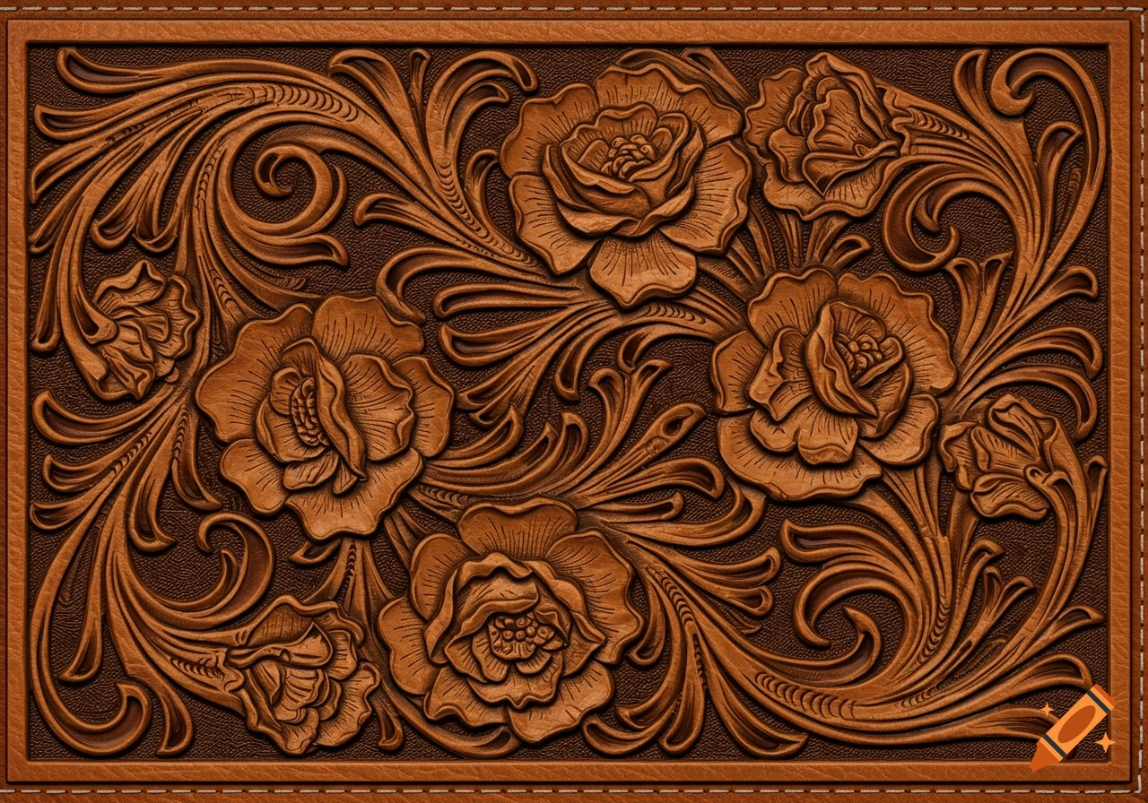 Detailed brown leather carving with a Western floral design featuring roses and swirling vines.