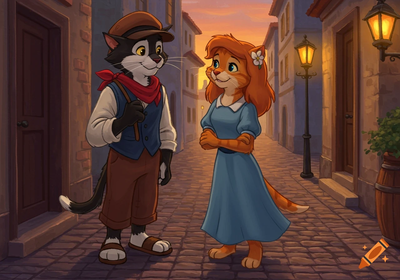 Tony and Bridget, anthropomorphic cats, gaze lovingly on a European street at sunset in Don Bluth 2D animation style.