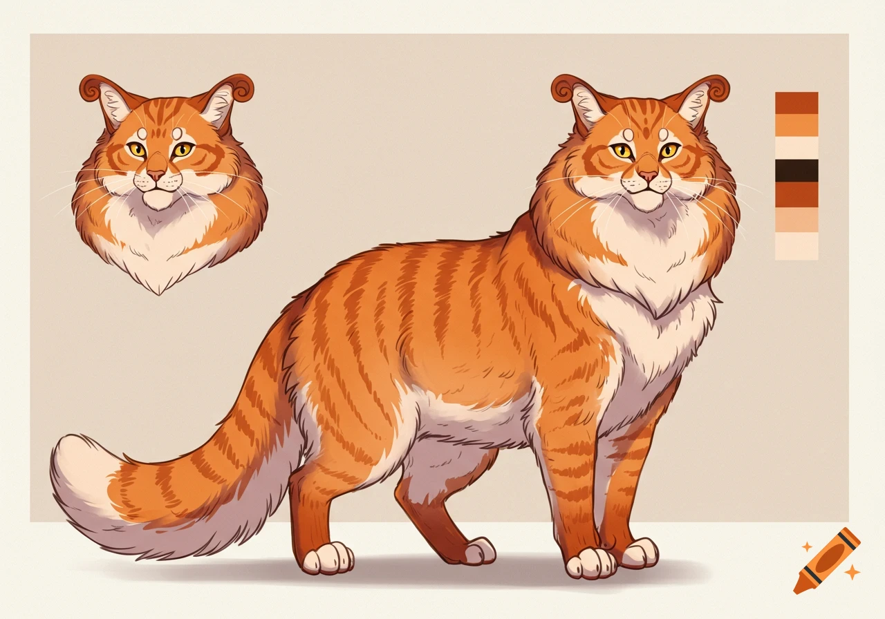 Stylized orange tabby cat reference sheet with full body, headshot, and color palette.