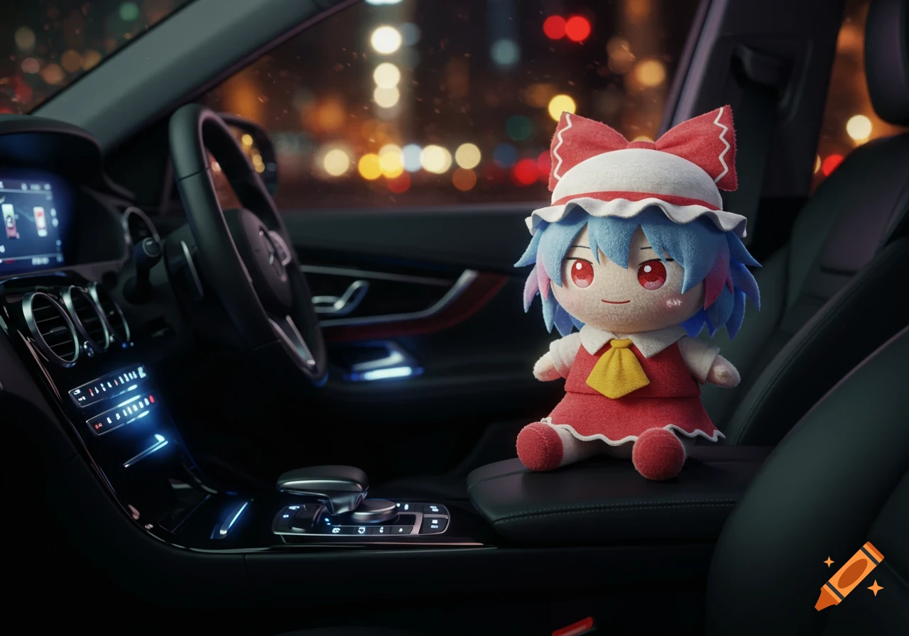 A cute Touhou FumoFumo plush toy with blue hair and a red dress sits in a car at night, city lights blurred in the background.