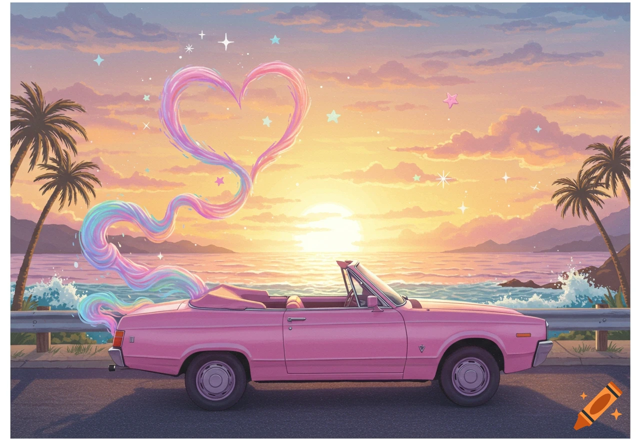 Illustrated pink convertible car by a sunset ocean, rainbow smoke heart rising from its back.