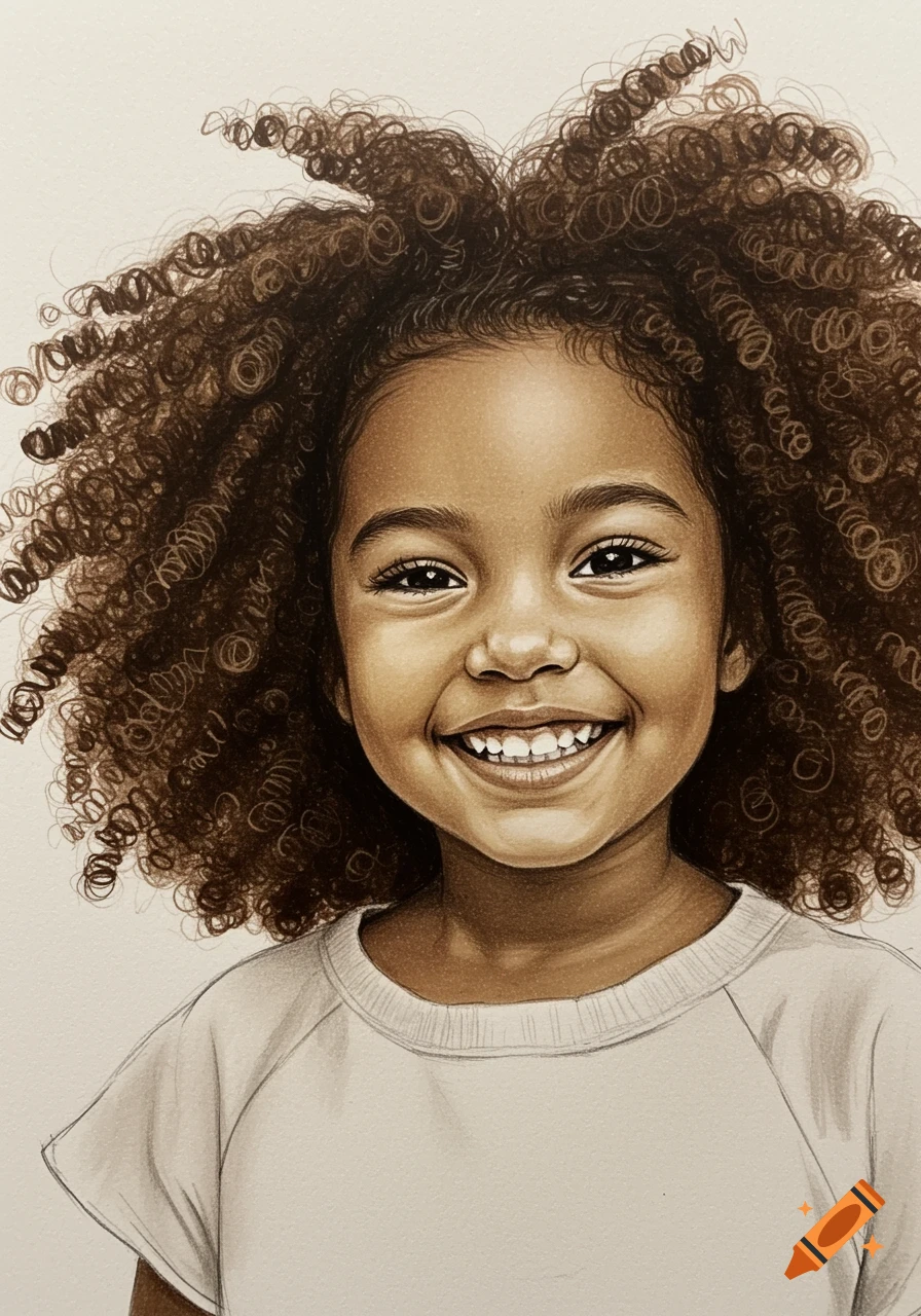 Close-up sketch of a smiling mixed-race girl with bouncy dark brown curly hair and a white shirt.