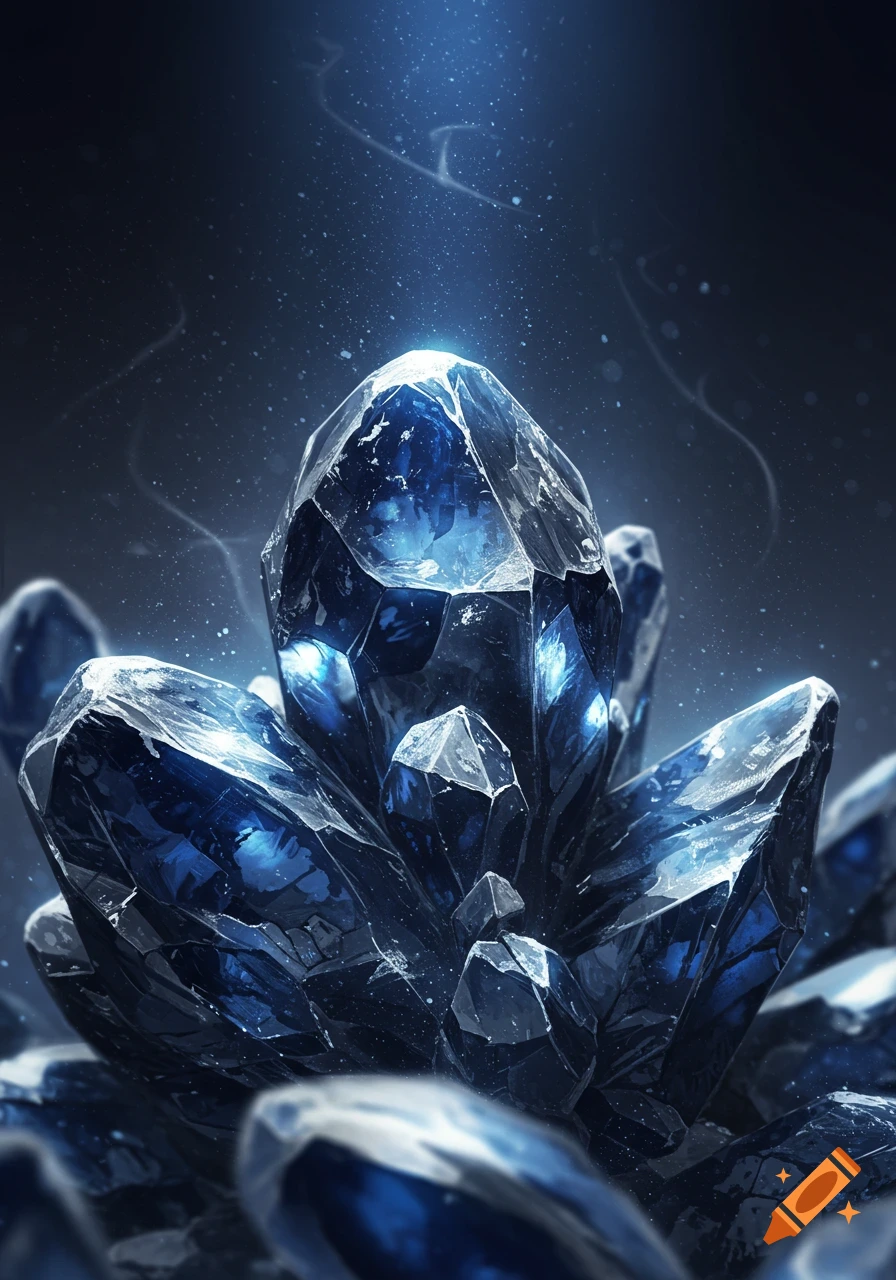 Close-up of radiant blue crystalline manganese metal chunks, glowing against a dark, starry background.