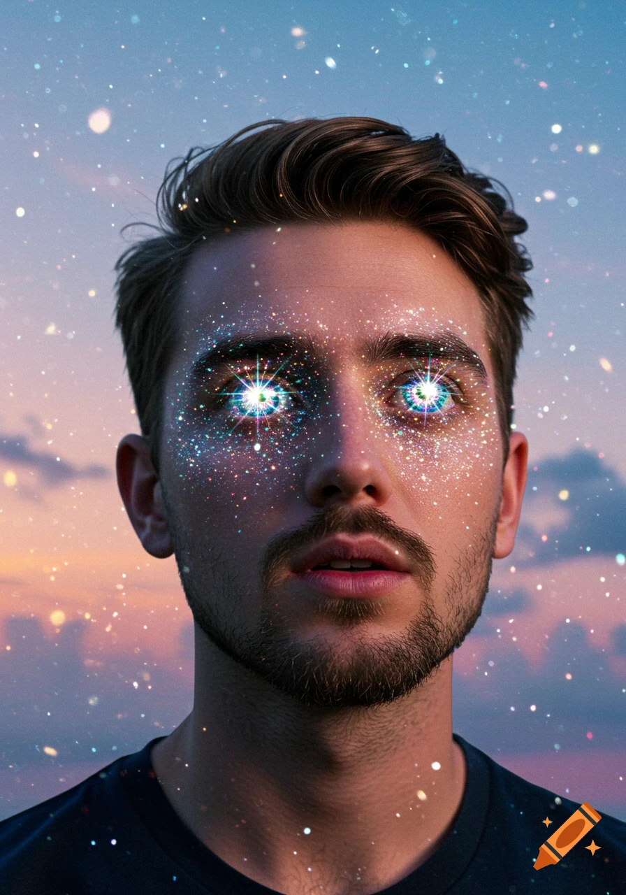 Photorealistic portrait of a man with a beard, glitter on his face, and bright glowing eyes against a dreamy, colorful sky.