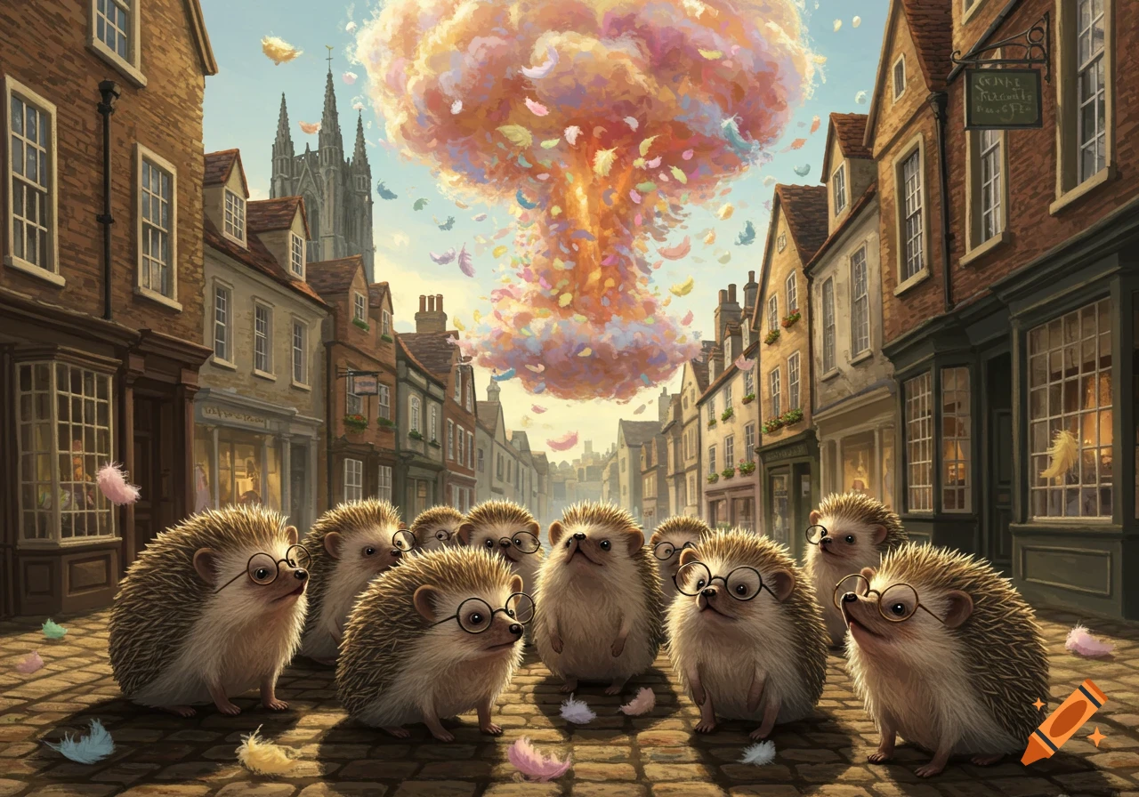 Flock of hedgehogs with glasses watch a colorful, feathery fluff-bomb explode over a European-style town.