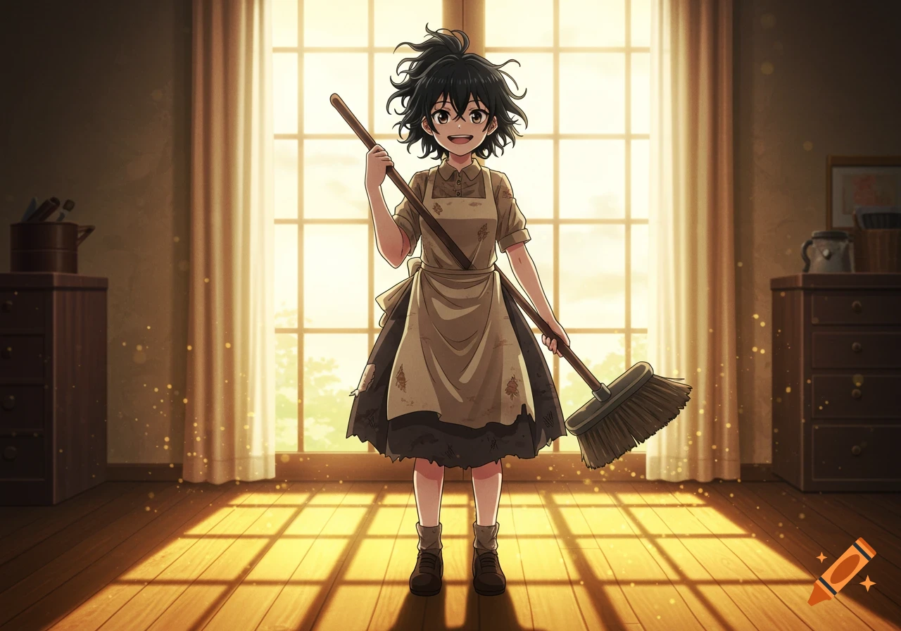 Anime girl with messy black hair, ragged dress, and apron, holding a broom in a sunlit room.
