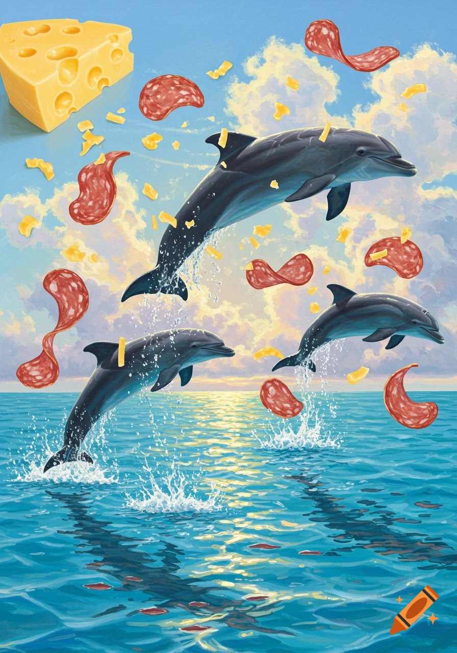 Three dolphins leap from sparkling blue ocean water under a cloudy sky, surrounded by falling grated cheese and salami slices.