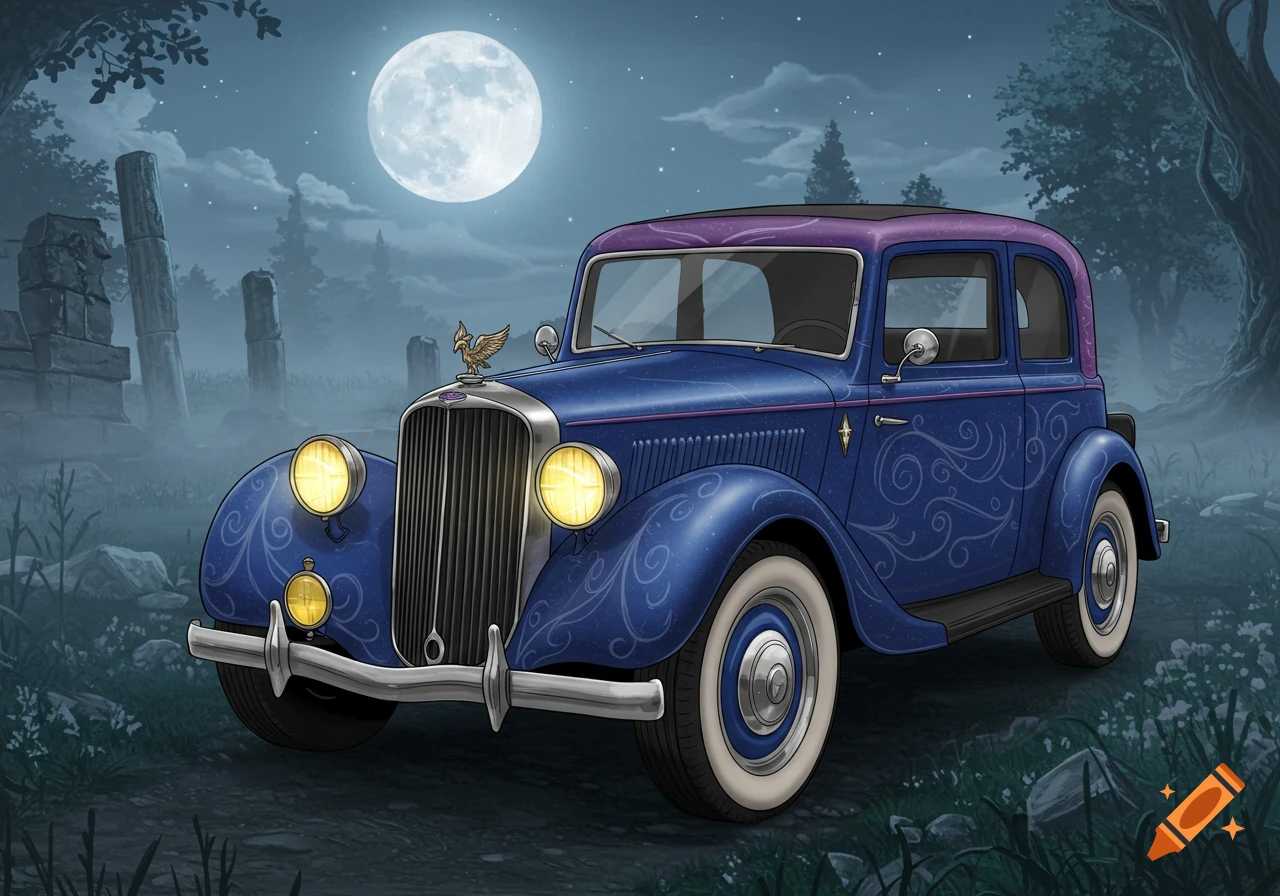 An illustrated blue vintage car with magical swirls parked in ancient ruins under a full moon at night.