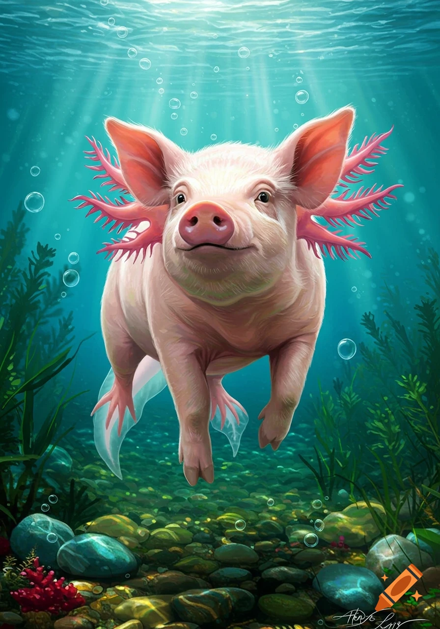 A whimsical pig with pink axolotl gills and webbed feet swims happily underwater amidst green plants, bubbles, and colorful stones.