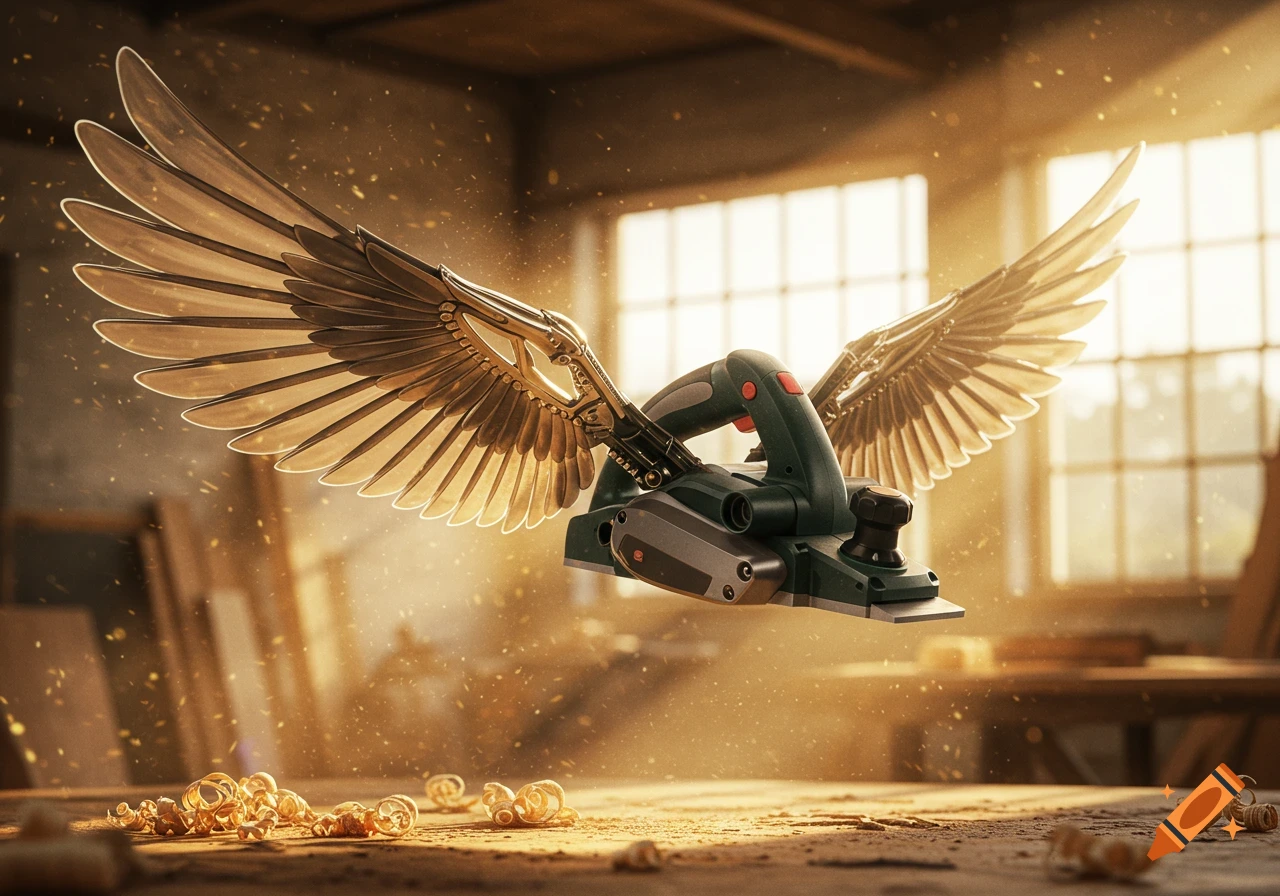 An electric planer with golden wings floats in a sunlit woodworking shop, surrounded by sawdust and wood shavings.