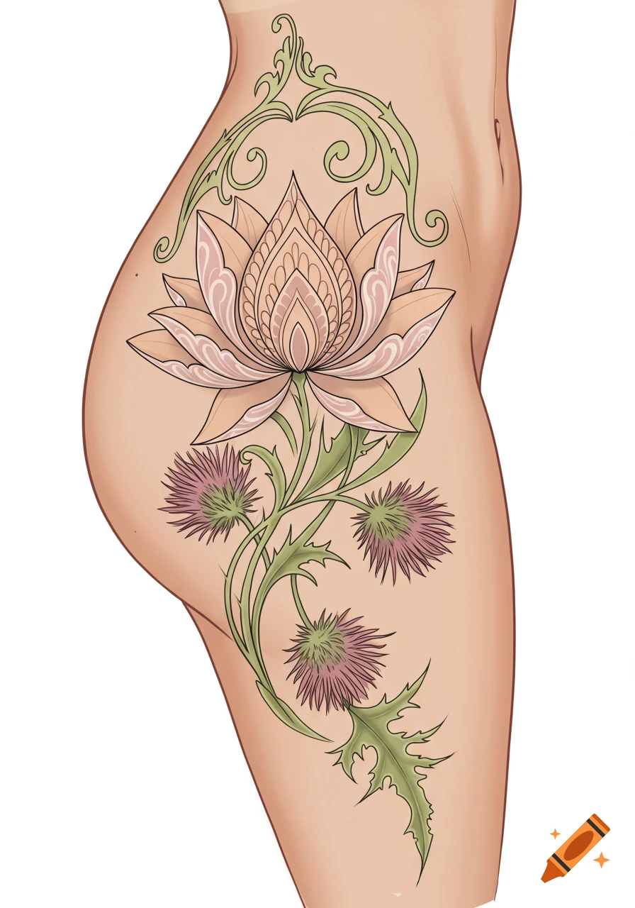 Art Nouveau style tattoo design of a lotus and thistle with green swirls on a person's hip and thigh.