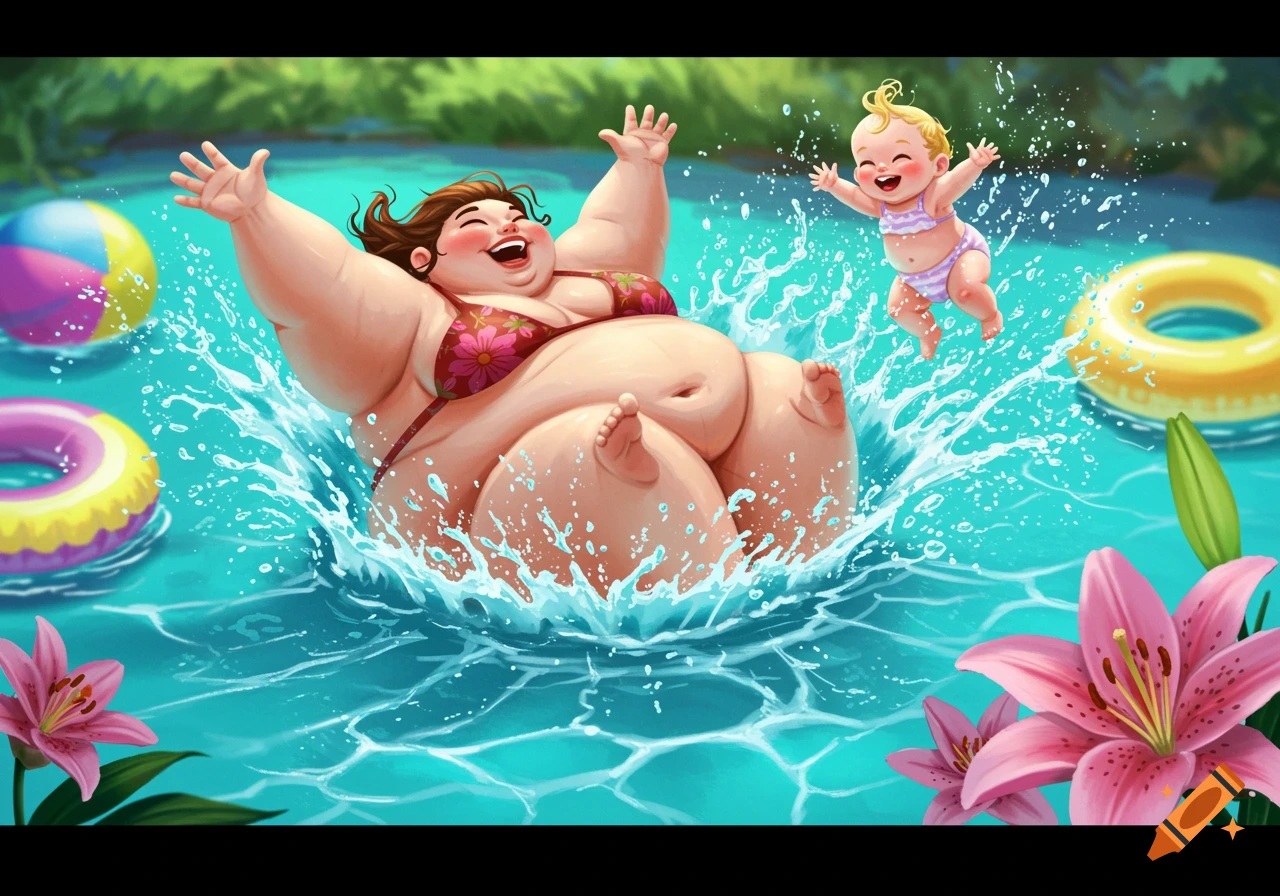 Joyful cartoon of a very fat woman bellyflopping into a pool, splashing water and bouncing a baby into the air, with swim rings and a beach ball.