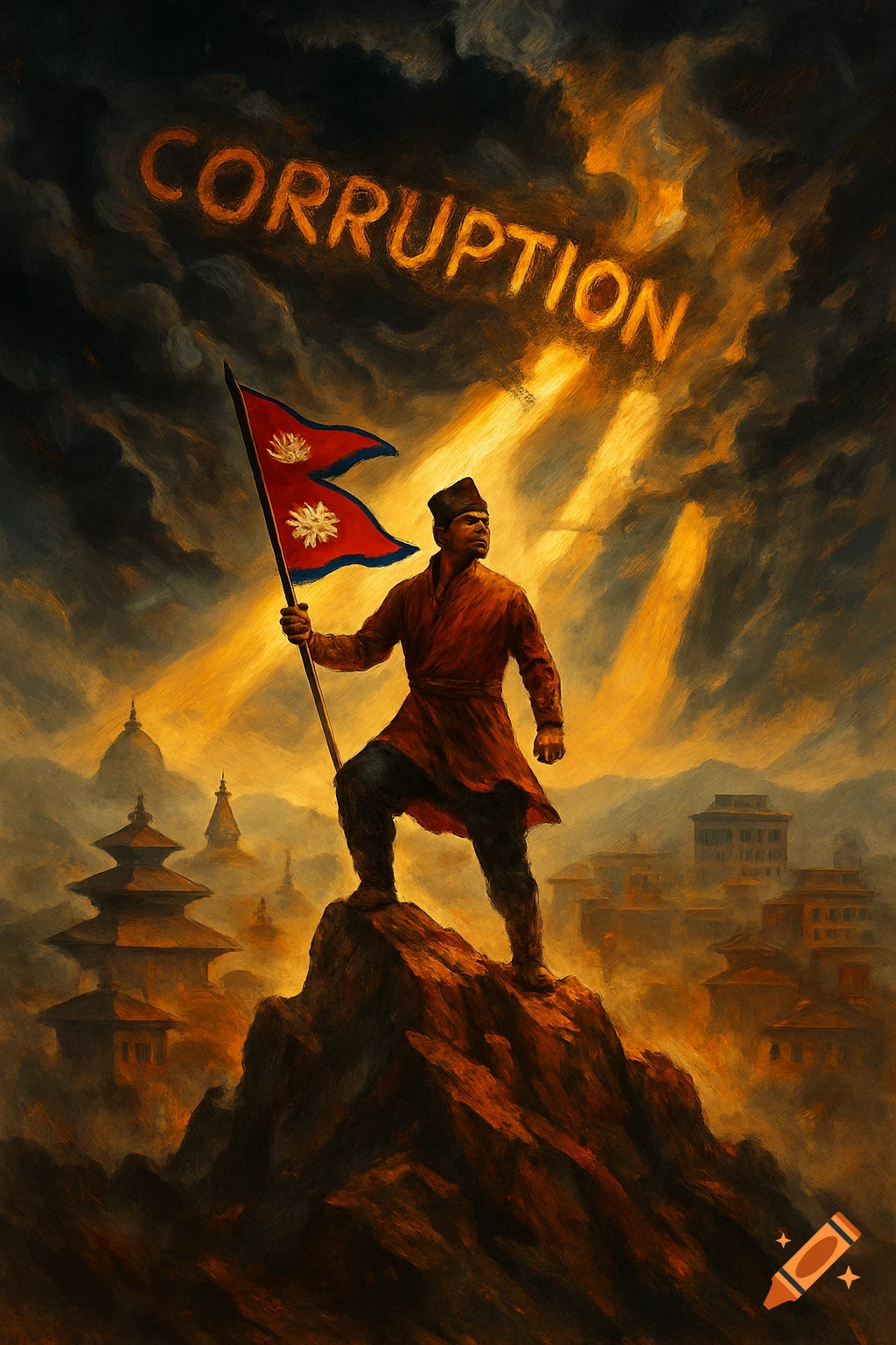 Painting of a man in traditional Nepalese attire holding a flag on a rock, overlooking a city. 'CORRUPTION' glows in the dramatic, stormy sky.