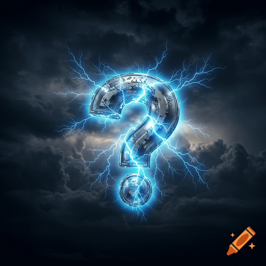 A metallic question mark symbol crackling with blue lightning against a dark, stormy sky.