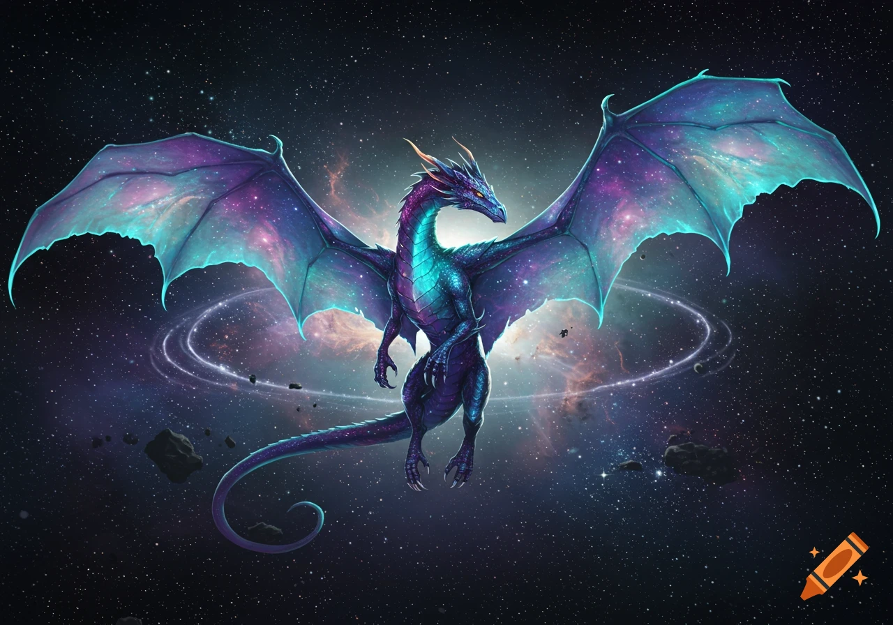 A vibrant, majestic cosmic dragon with large, glowing purple and teal wings soaring through a star-filled galaxy with asteroids.