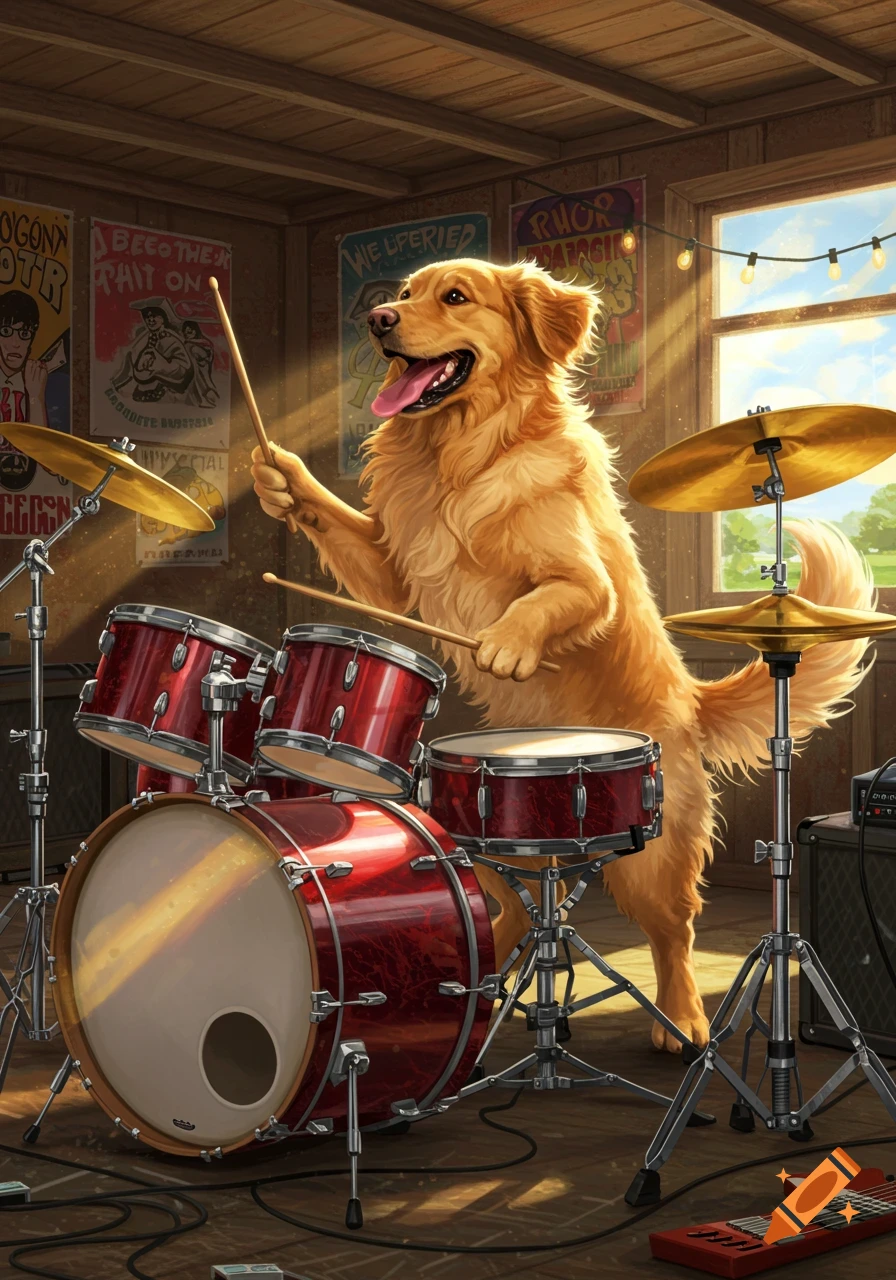 An energetic golden retriever happily plays a red drum set in a rustic room with posters, bathed in sunlight. Digital art.