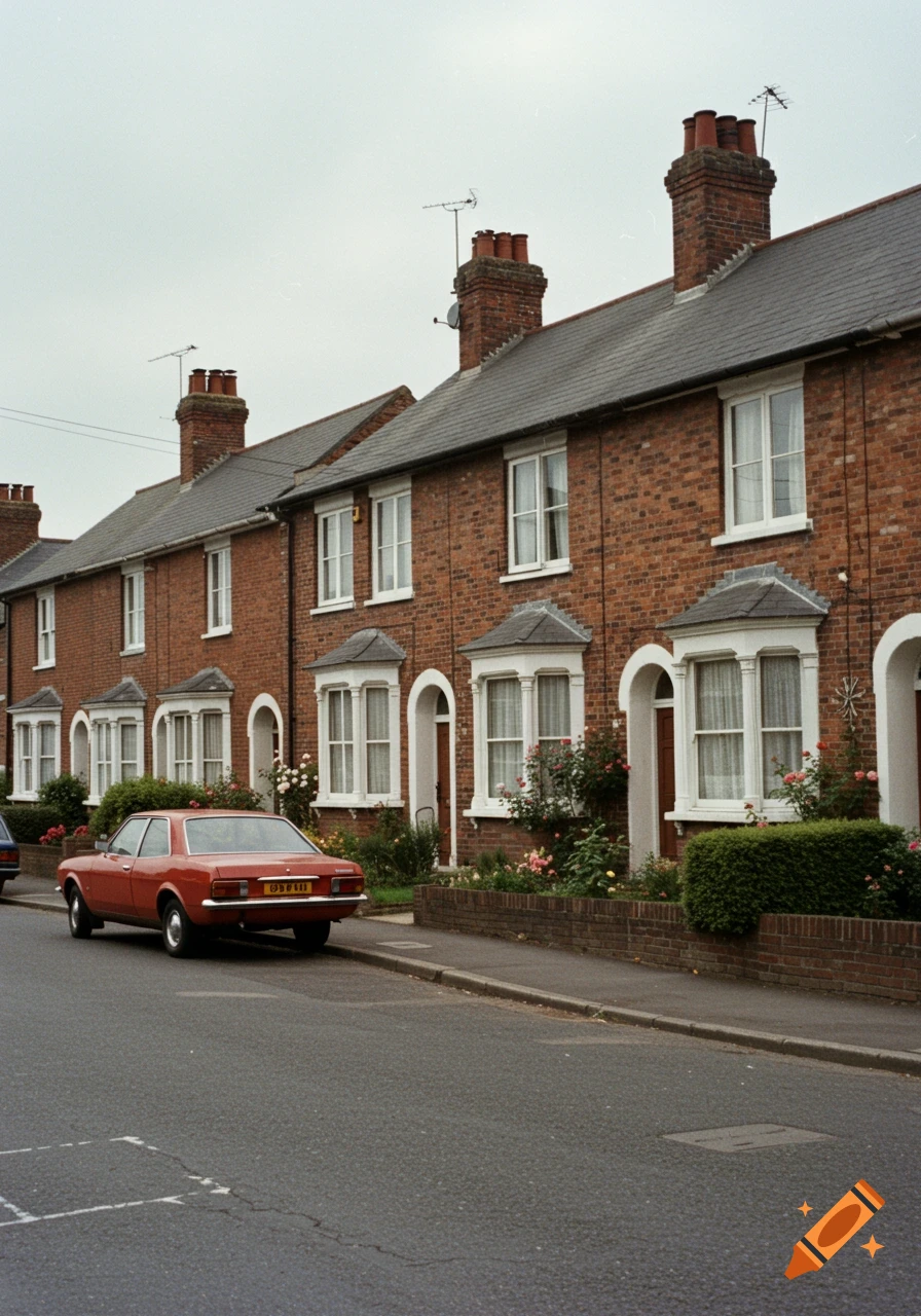 A vintage red car is parked on a street in front of a row of red brick semi-detached houses under a cloudy sky.