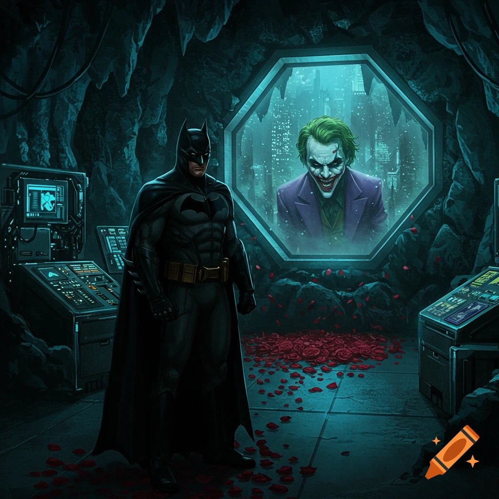Batman stands in a dark, rocky Batcave with glowing blue computers and scattered red roses, while the Joker's menacing face appears in an octagonal window.