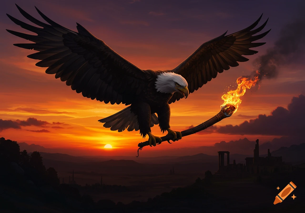 A majestic bald eagle in flight, carrying a flaming torch against a vibrant orange and purple sunset over mountains and ancient ruins, digital art.