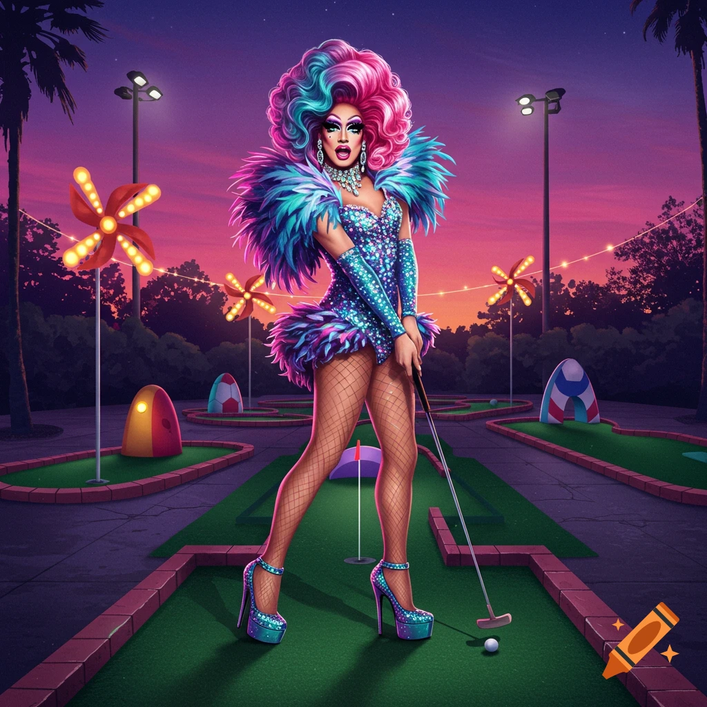 A vibrant drag queen in a sparkly outfit and multi-colored wig poses on a colorful mini-golf course at sunset.