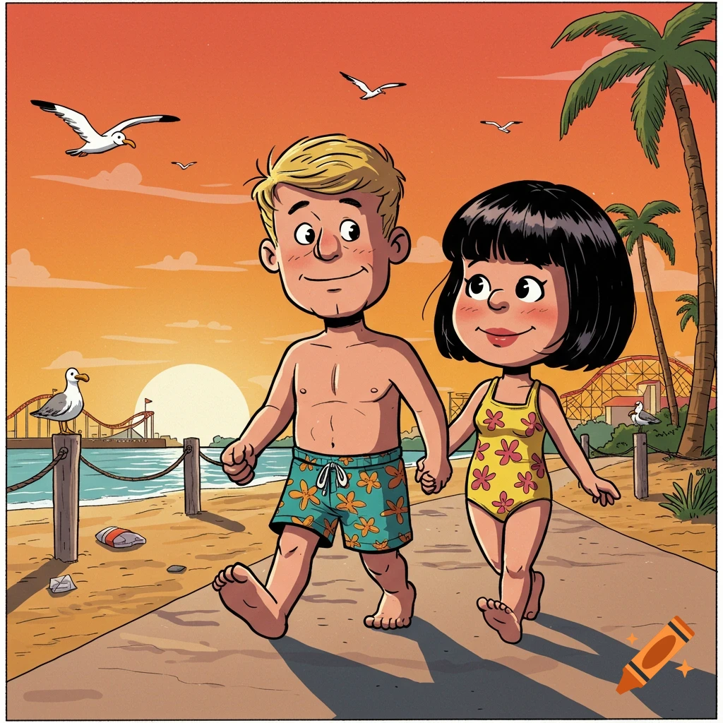 Cartoon of a man and woman in swimsuits walking hand-in-hand on a beach at sunset, with palm trees and a roller coaster.