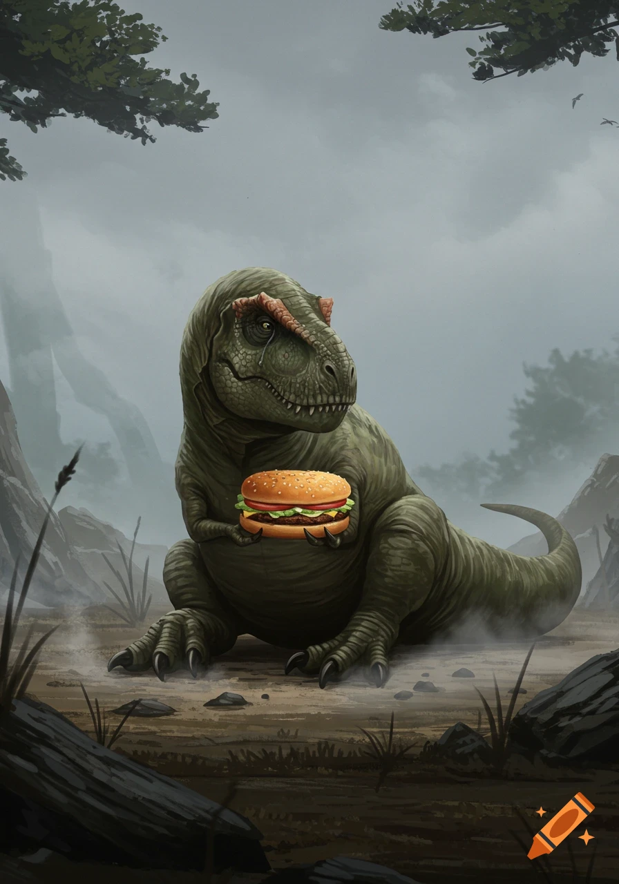 A sad green T-Rex sits in a misty, prehistoric landscape, holding a hamburger. Illustrated style.