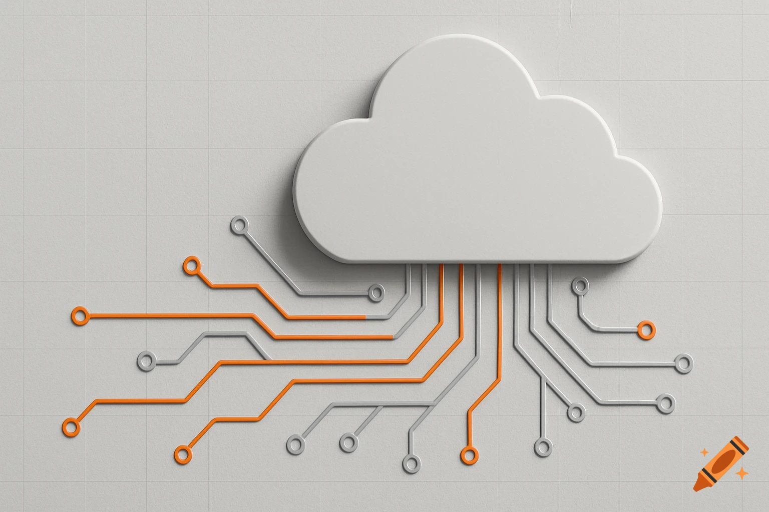 A 3D rendering of a white cloud icon with orange and silver circuit lines connecting to its bottom edge, on a subtle gray grid background.