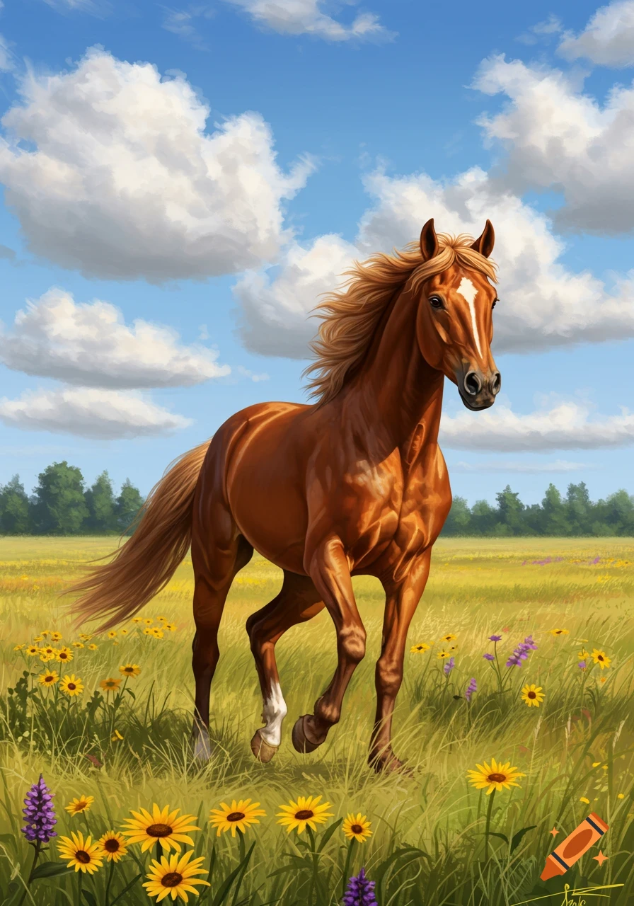 A brown horse with a white blaze walks through a sunny field of yellow and purple wildflowers under a blue sky with clouds, digital painting.