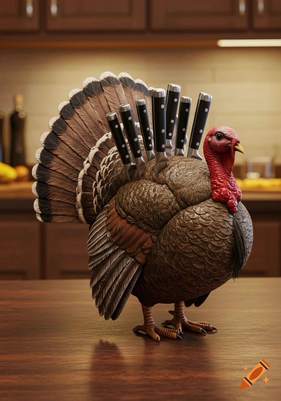 Realistic 3D render of a turkey-shaped knife holder with knives in its back, on a kitchen counter.