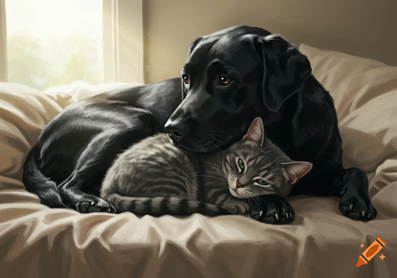 A black labrador dog and a striped tabby cat snuggling together on a beige bed, rendered in a warm, painterly style.