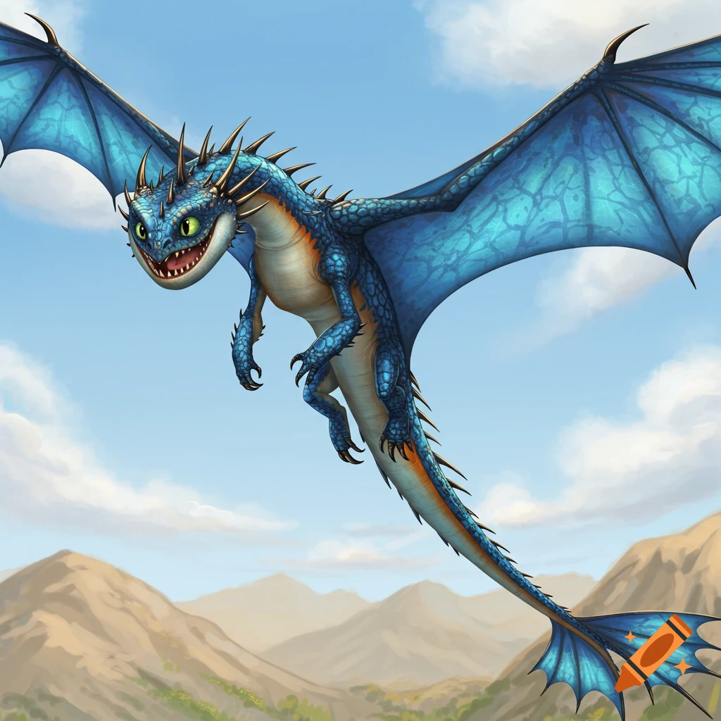 A cartoon blue dragon with orange accents and large wings flies over a mountainous landscape under a blue, cloudy sky.