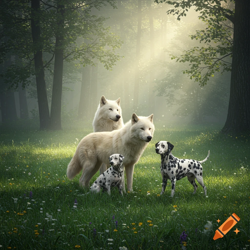 Two white wolves and two spotted Dalmatians stand in a sunlit, misty forest with green grass and wildflowers.