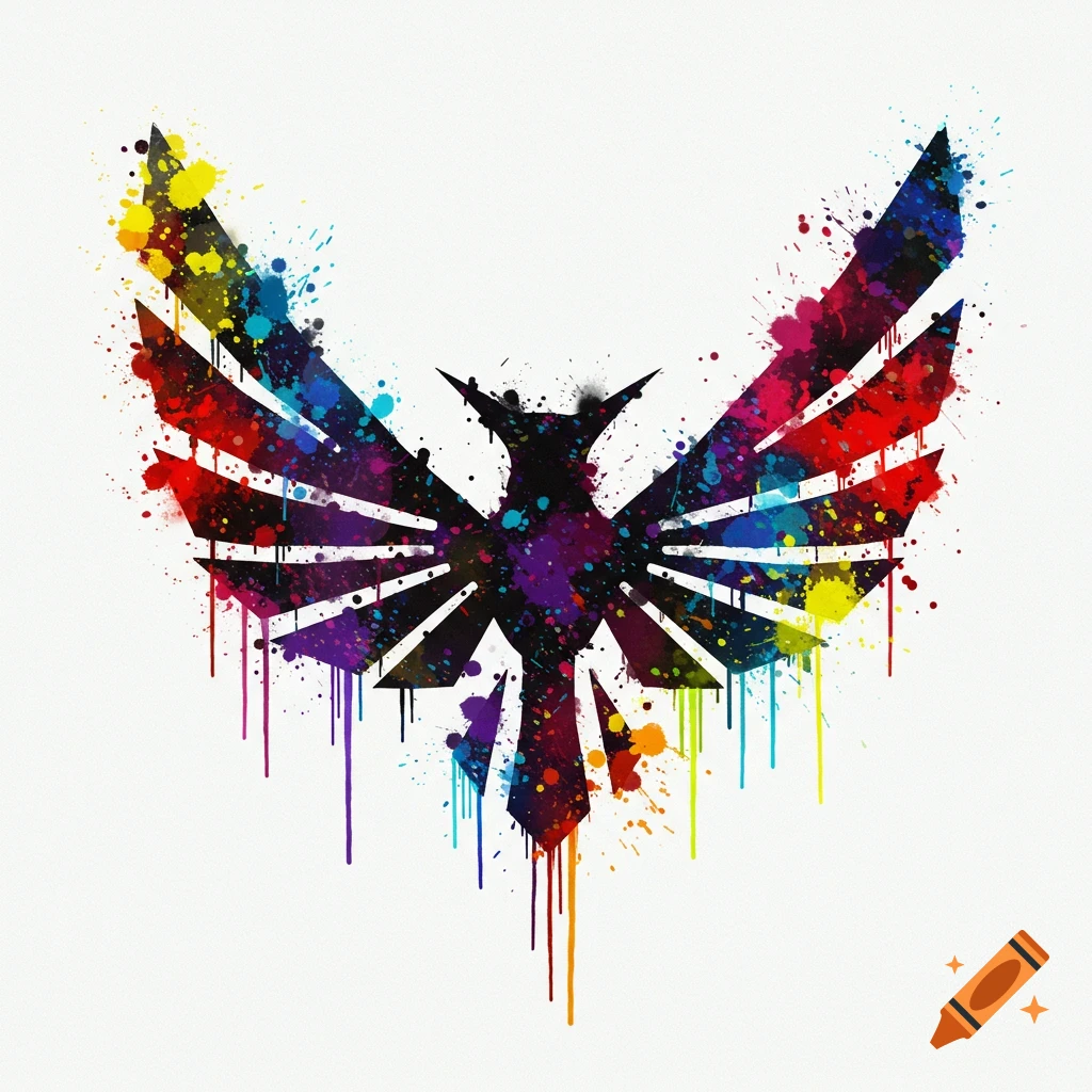 A black silhouette of a stylized eagle-like symbol with outstretched wings, filled with vibrant, rainbow-colored paint splatters and drips on a white background.