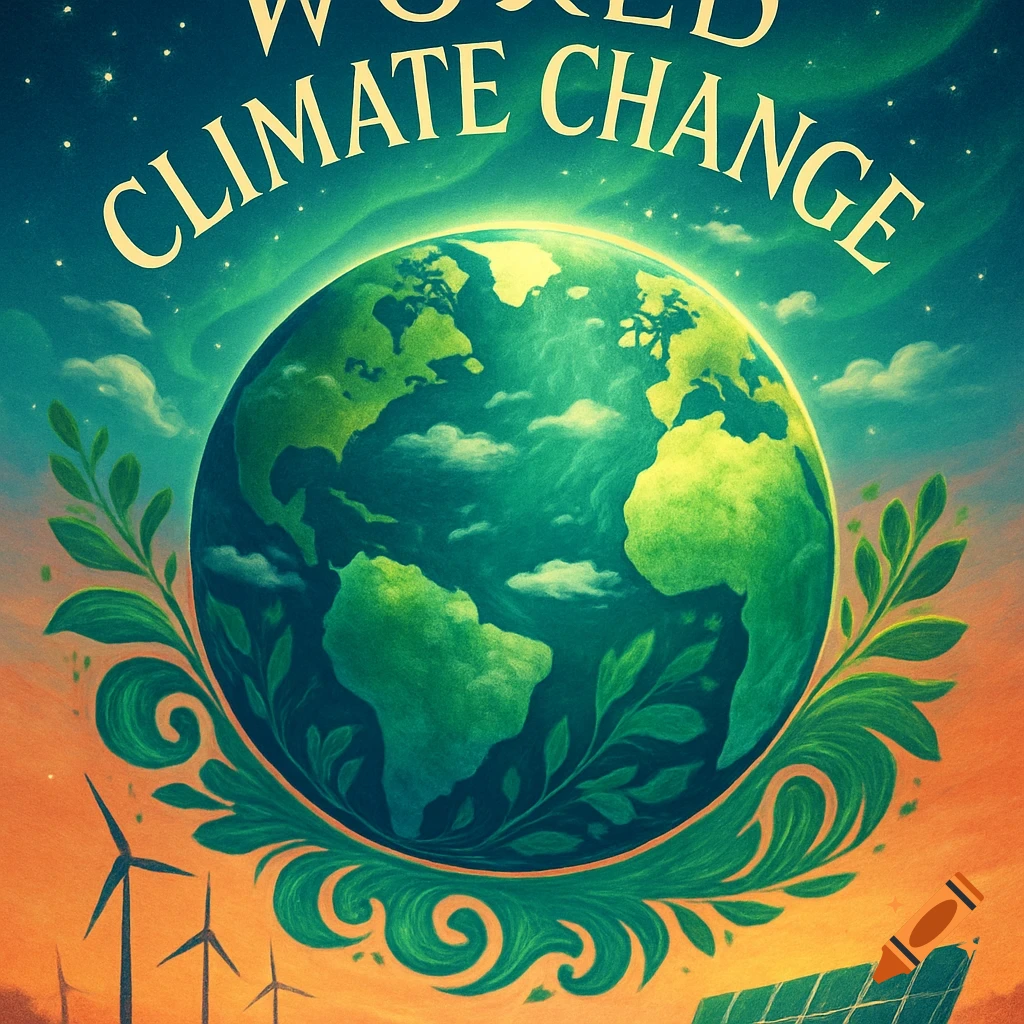 Stylized poster art featuring a green Earth encircled by leaves, with wind turbines and solar panels below, against a starry sky. Text reads 'WORLD CLIMATE CHANGE'.