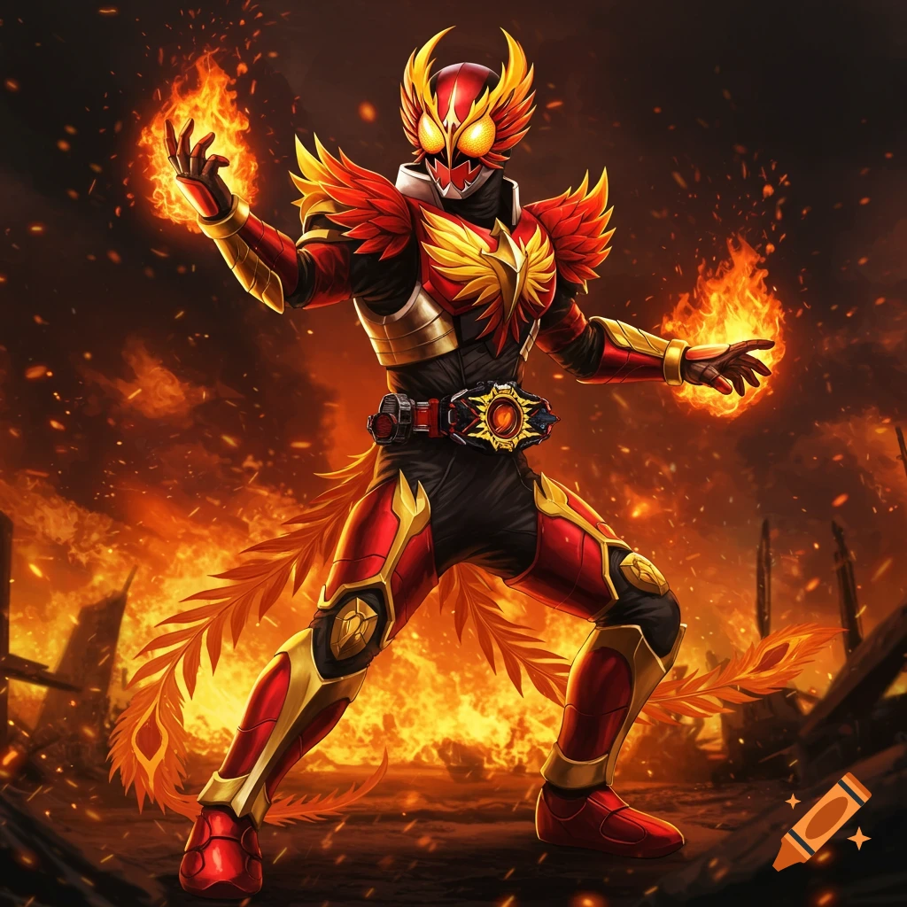 A red and gold phoenix-themed Kamen Rider superhero stands in a fiery, destroyed landscape, conjuring flames from his hands.