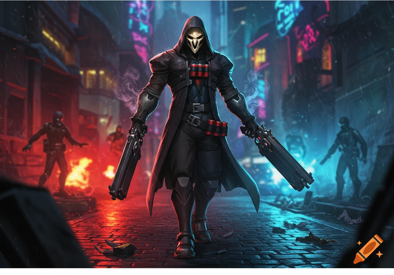 Reaper, a hooded figure with a skull mask, stands in a neon-lit urban alley, wielding two shotguns. Digital art.