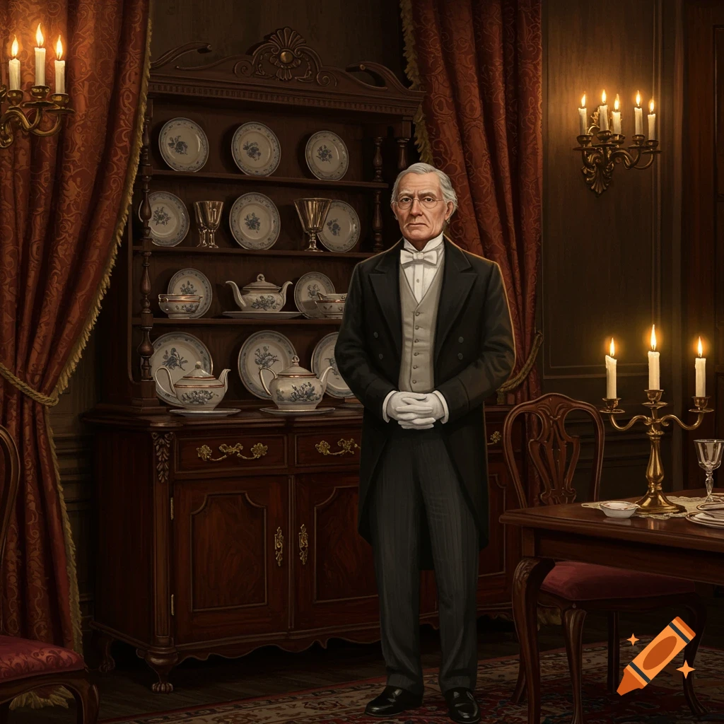 An old Victorian butler in a formal suit and white gloves stands in a richly decorated dining room with a china cabinet and lit candles.
