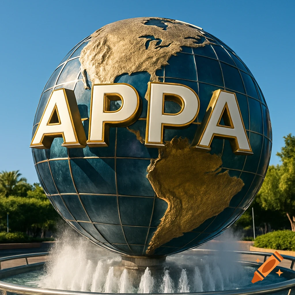 Photorealistic image of a large blue and gold globe with 'APPA' written across it, set in a fountain under a clear blue sky.