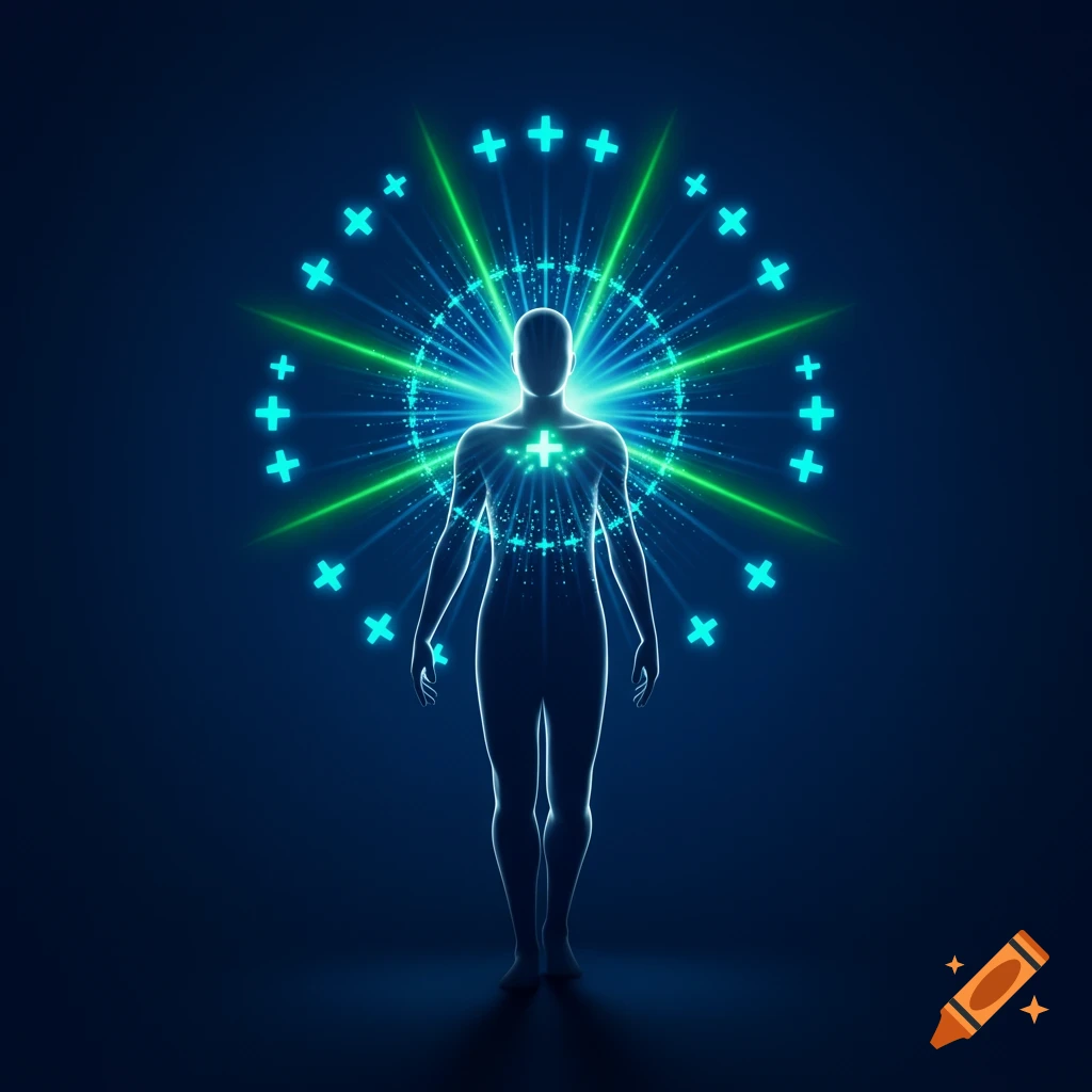 A glowing, stylized human figure with green light rays and a ring of teal plus signs on a dark blue background.