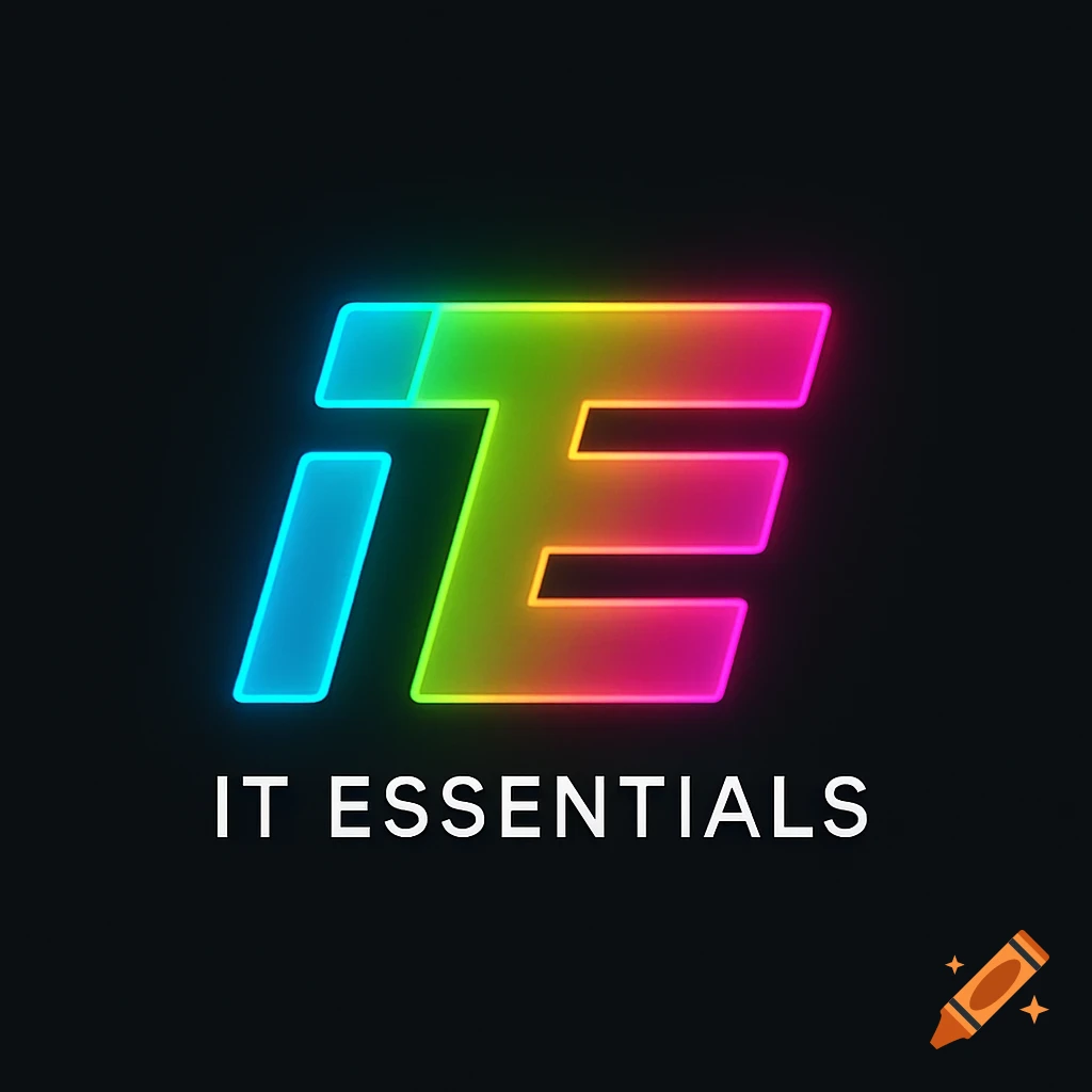 A neon logo for 'IT Essentials' with stylized 'iTE' in rainbow colors above 'IT ESSENTIALS' in white text on a black background.
