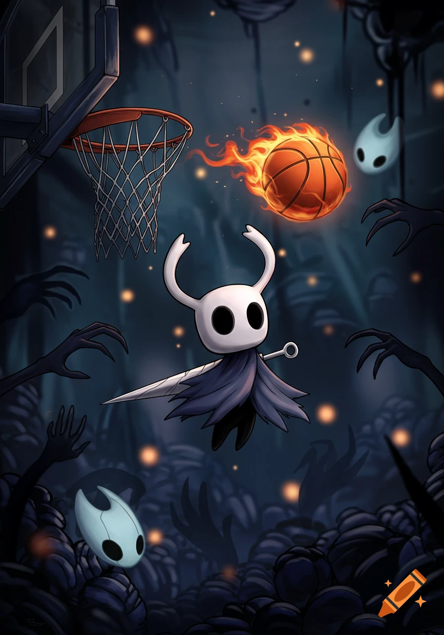 The Knight from Hollow Knight slam dunks a flaming basketball into a hoop, surrounded by shadowy figures in a dark, stylized scene.