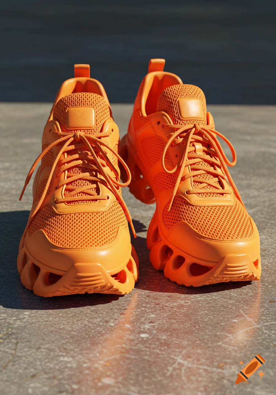 A close-up, front view of a pair of bright orange tennis shoes with sculptural soles on a concrete surface.
