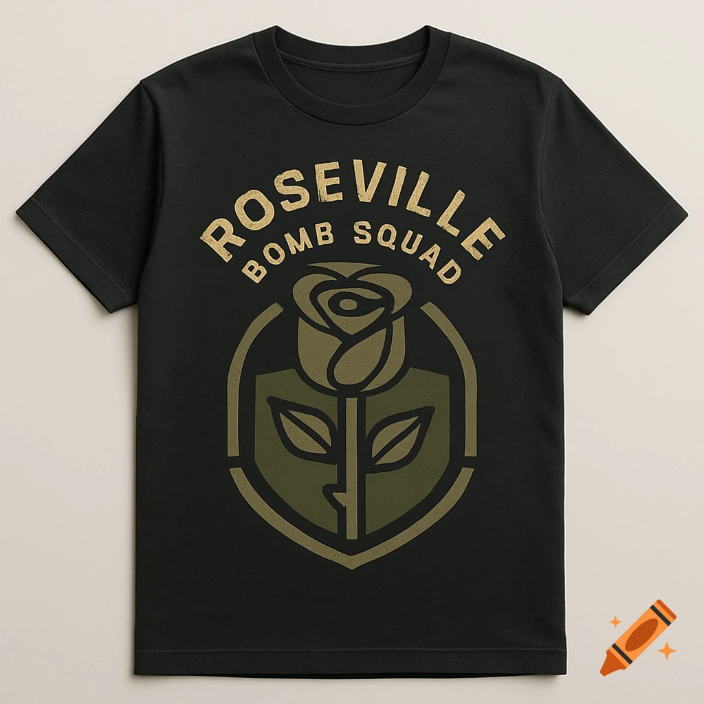 Black t-shirt with a gold and olive green 'Roseville Bomb Squad' logo featuring a minimalist rose design.