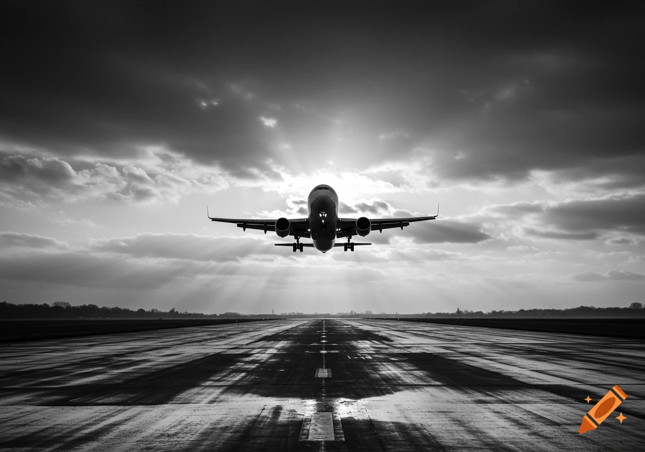 Black and white photo of a passenger airplane taking off or landing on a wet runway, silhouetted against a cloudy sky with sun rays.