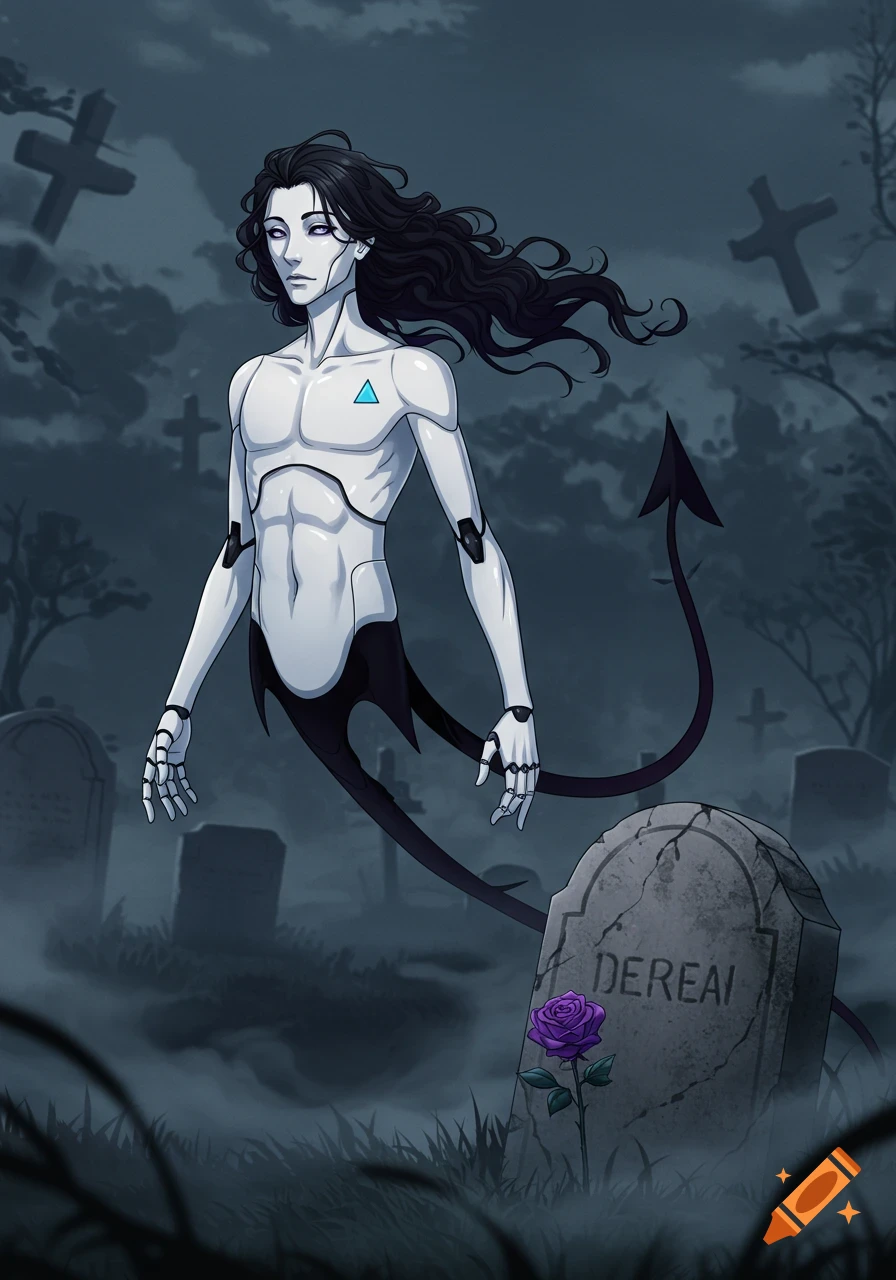 A pale, dark-haired anime-style android with a demon tail floats in a misty graveyard over a tombstone.