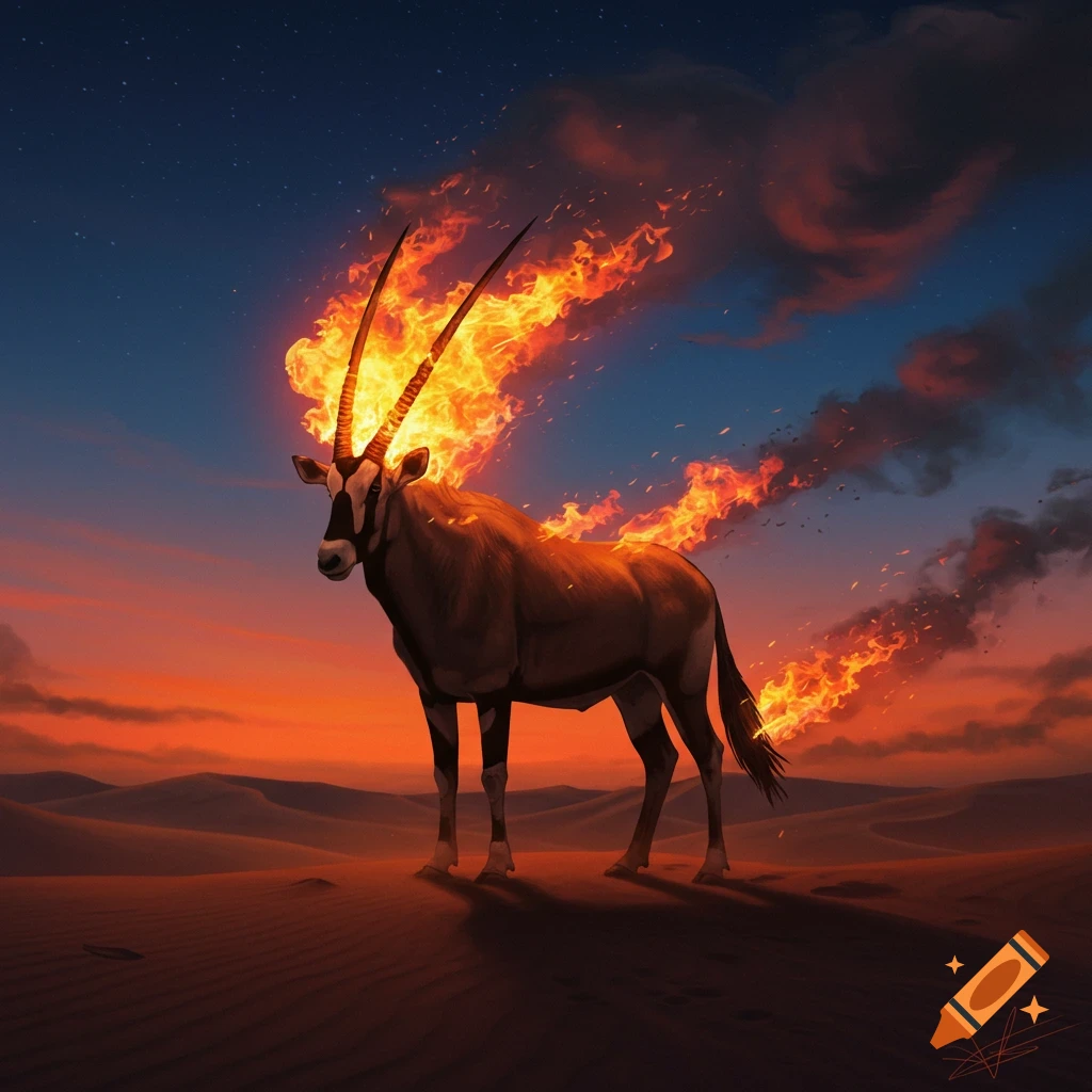An oryx with fiery horns and back stands in a vast desert landscape under a dramatic orange and blue sunset sky, digital art.