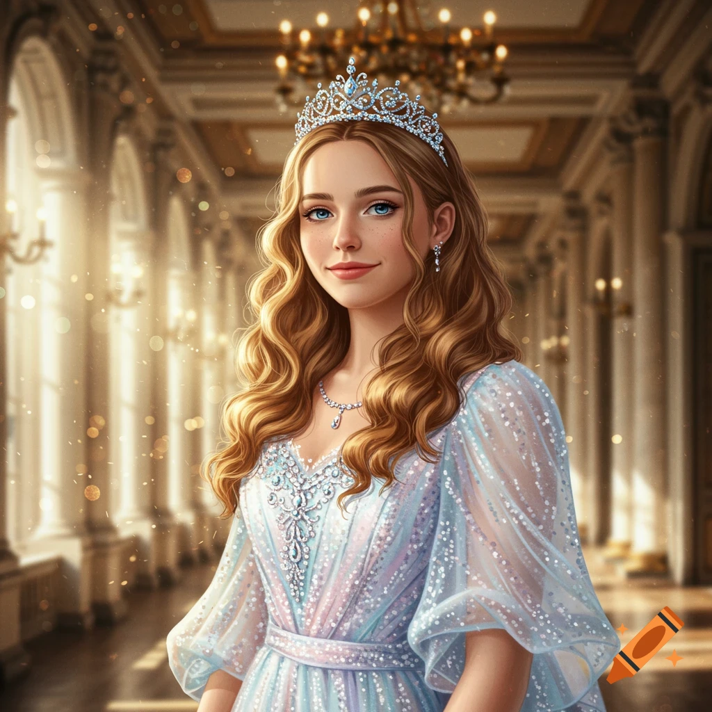 Digital painting of a beautiful princess with wavy brown hair, blue eyes, and a sparkling tiara, wearing a shimmering light blue gown in an elegant palace hall.