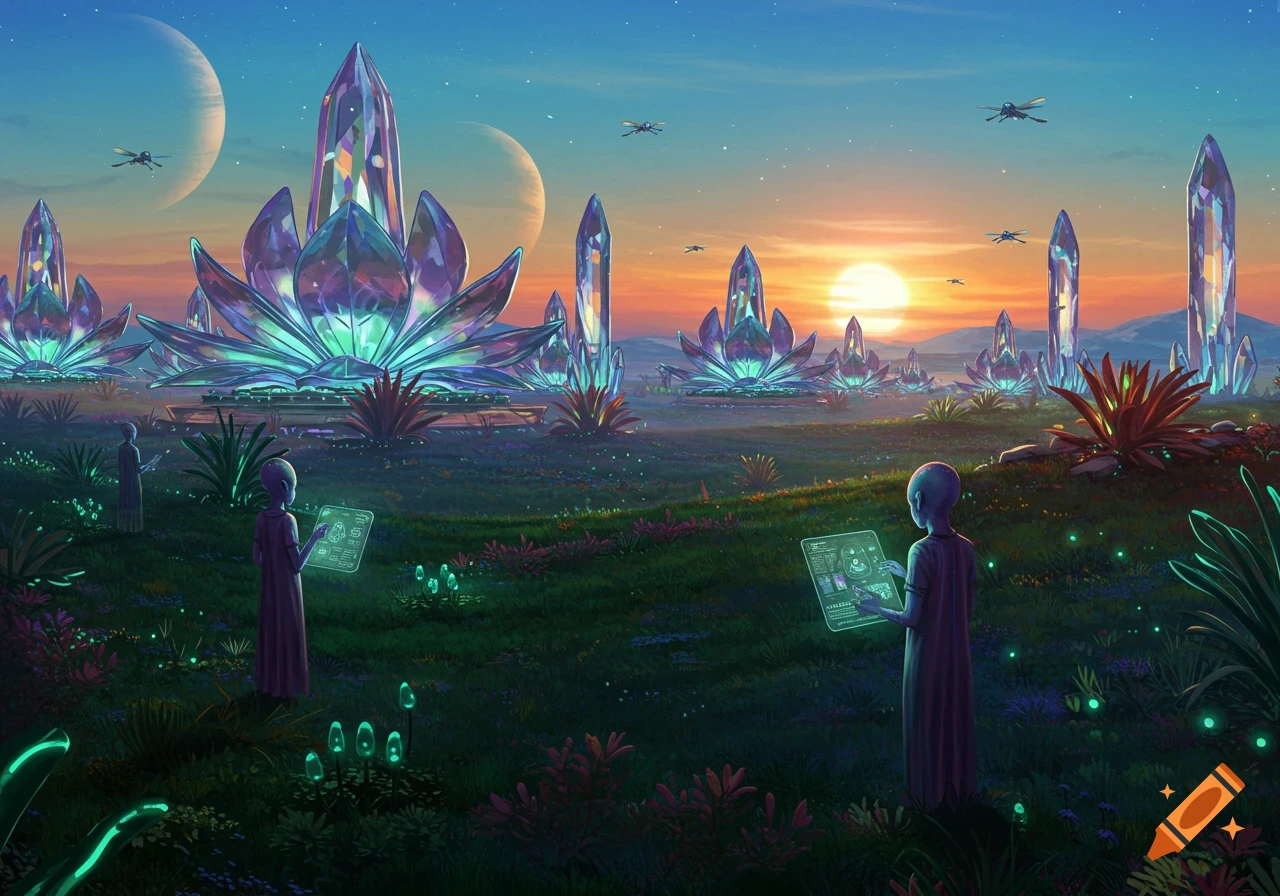 Vibrant alien landscape at sunset with glowing crystal structures and bioluminescent plants. Alien figures hold glowing tablets in a field with moons and drones.