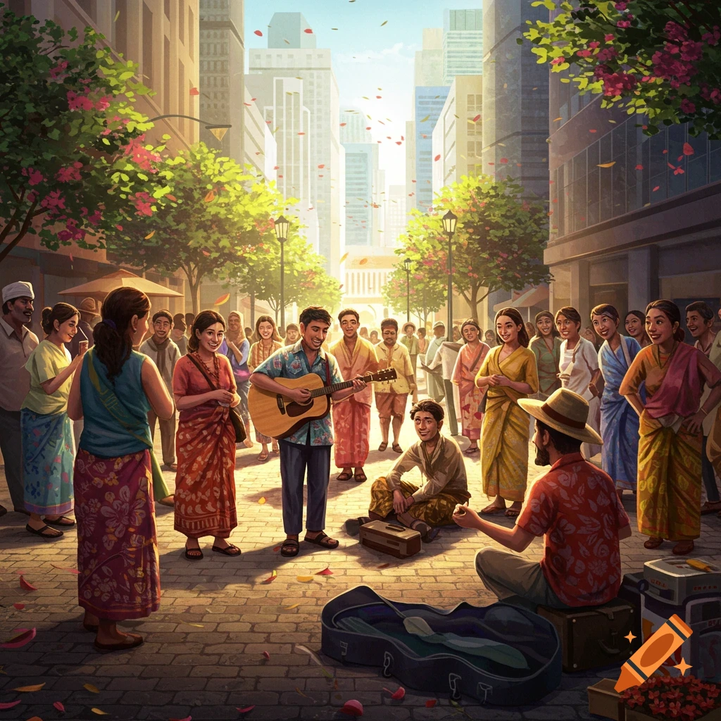 Vibrant illustration of a street festival with people gathered, two men playing music, and flower petals falling.